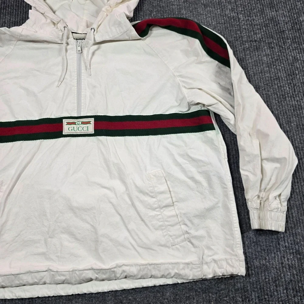 Gucci Jacket Mens IT 50 White Hooded Retro Canvas Stripe Logo Windbreaker Italy